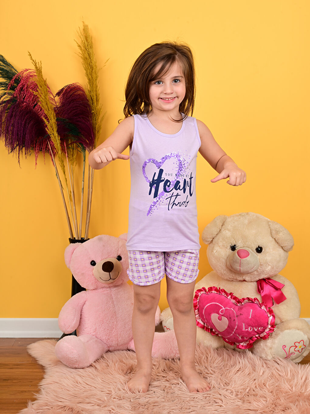 Lila Bisiklet Yaka Baskılı Kız Çocuk Şortlu Pijama Takımı-3