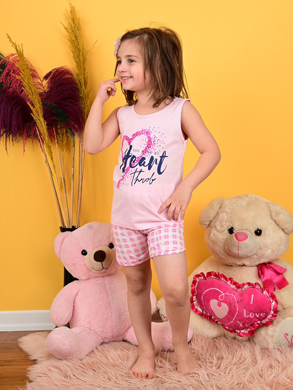 Pembe Bisiklet Yaka Baskılı Kız Çocuk Şortlu Pijama Takımı-4