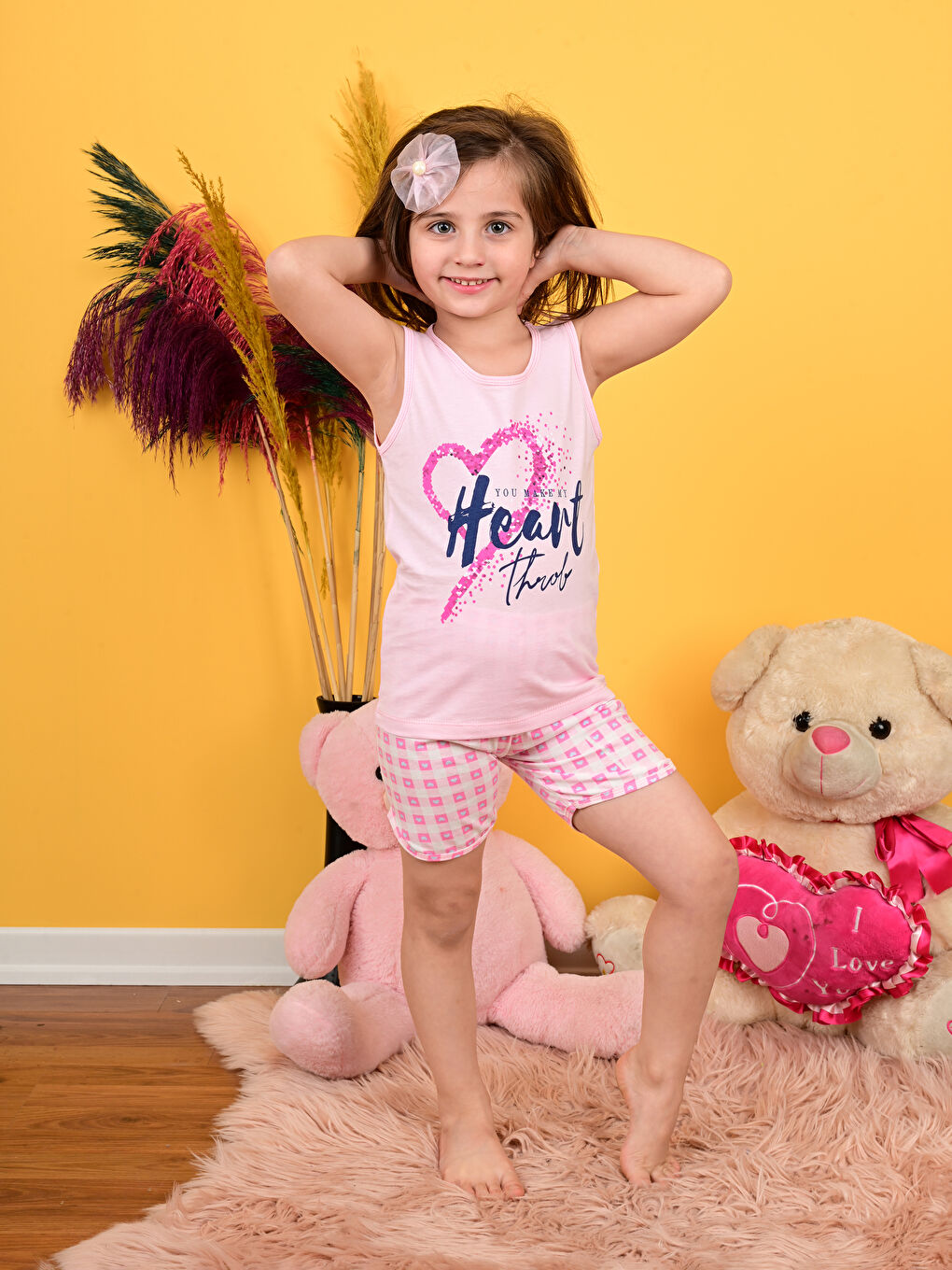 Pembe Bisiklet Yaka Baskılı Kız Çocuk Şortlu Pijama Takımı-6