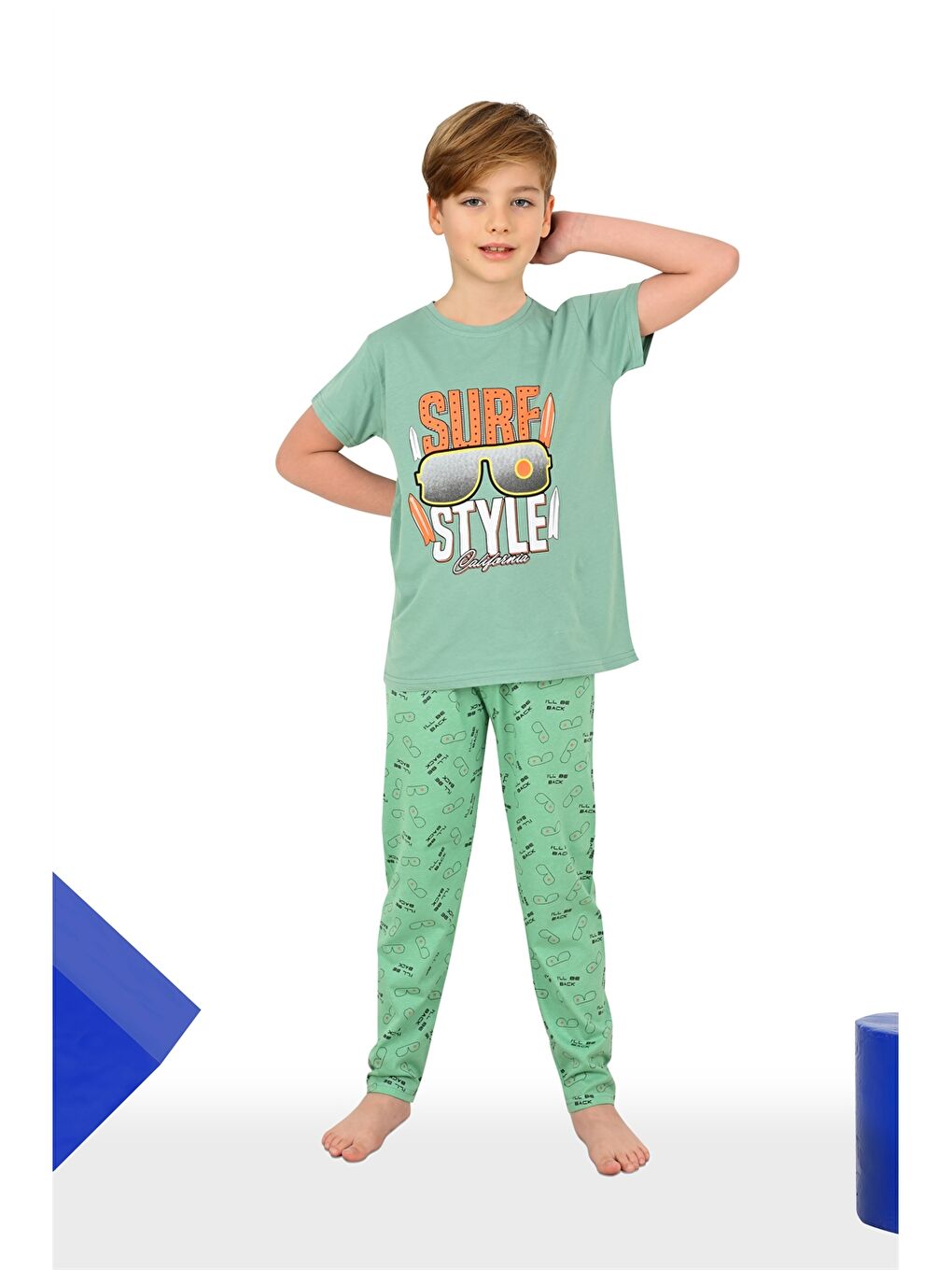 Yeşil Bisiklet Yaka Baskılı Kısa Kollu Erkek Çocuk Pijama Takımı