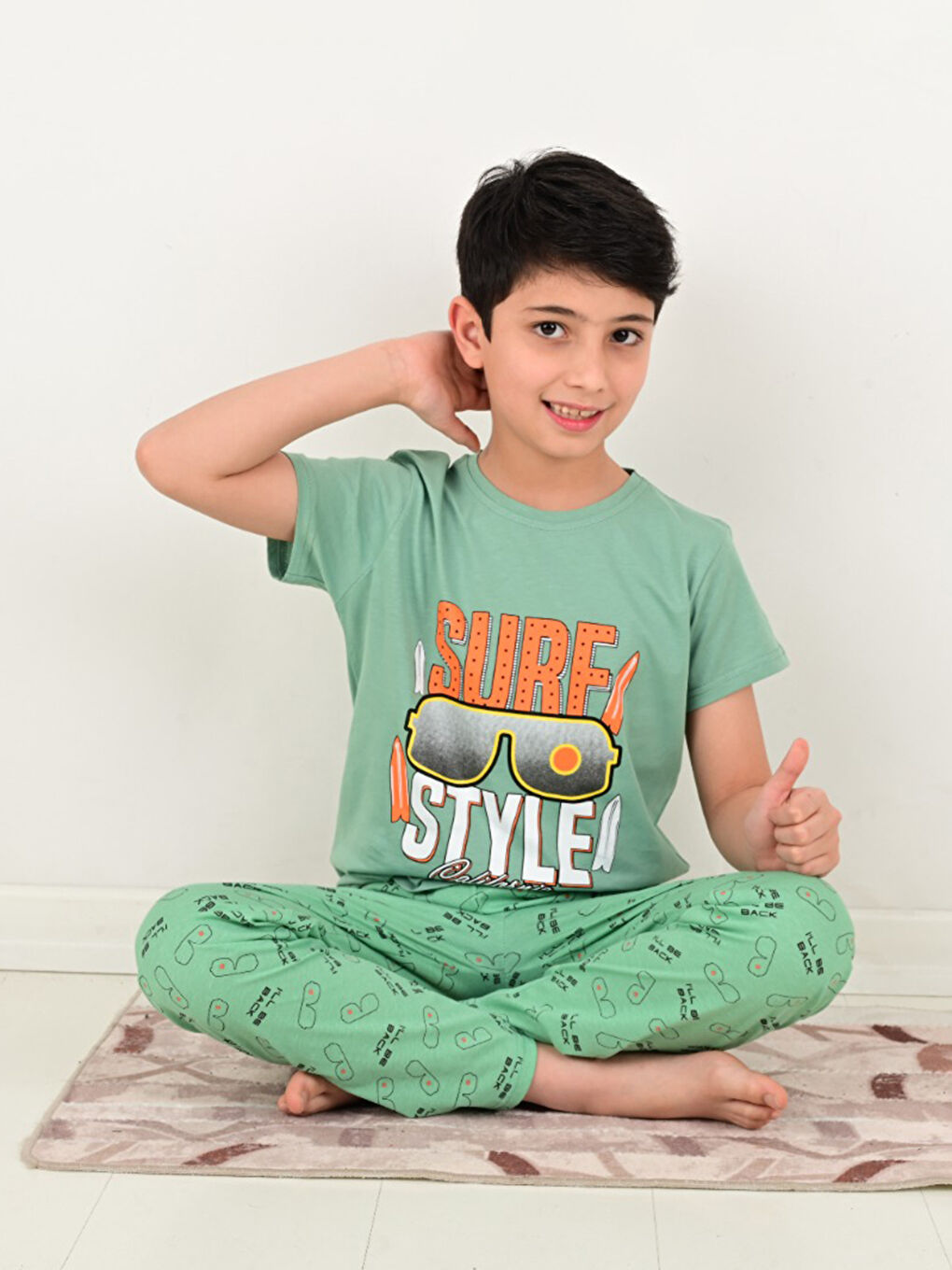 Yeşil Bisiklet Yaka Baskılı Kısa Kollu Erkek Çocuk Pijama Takımı-1