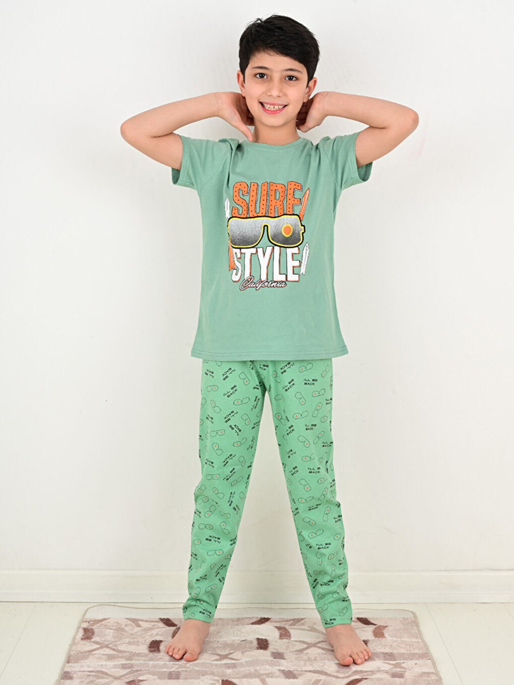 Yeşil Bisiklet Yaka Baskılı Kısa Kollu Erkek Çocuk Pijama Takımı-2