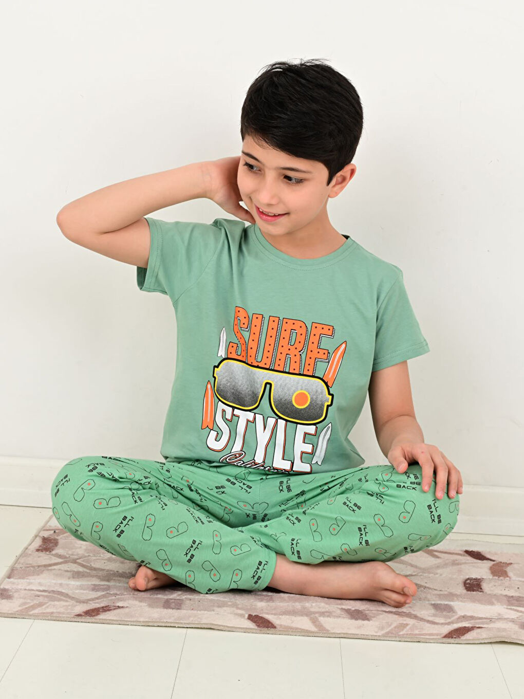 Yeşil Bisiklet Yaka Baskılı Kısa Kollu Erkek Çocuk Pijama Takımı-3