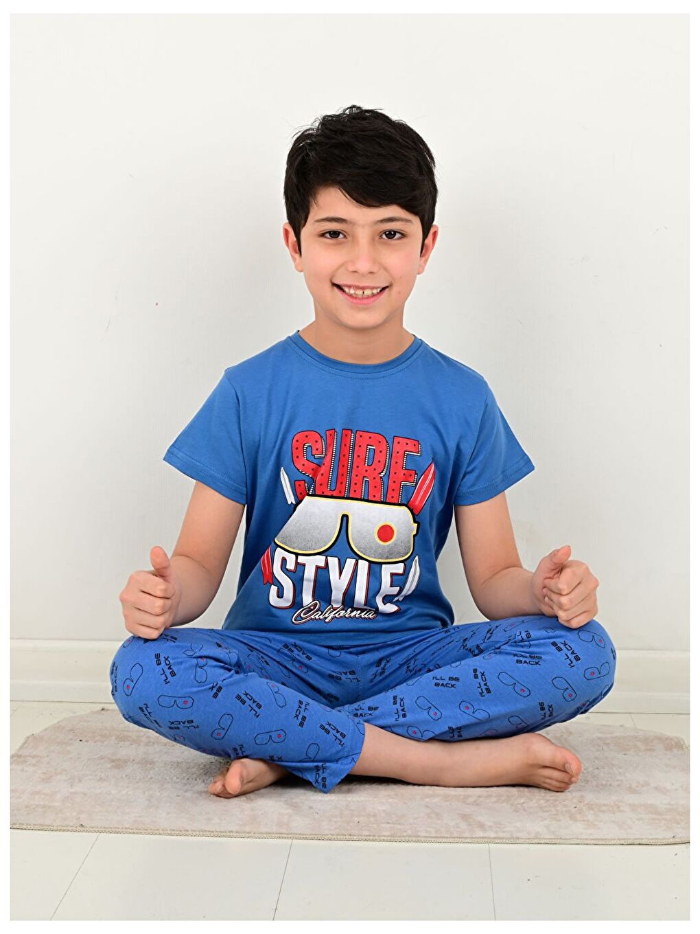 Turkuaz Bisiklet Yaka Baskılı Kısa Kollu Erkek Çocuk Pijama Takımı