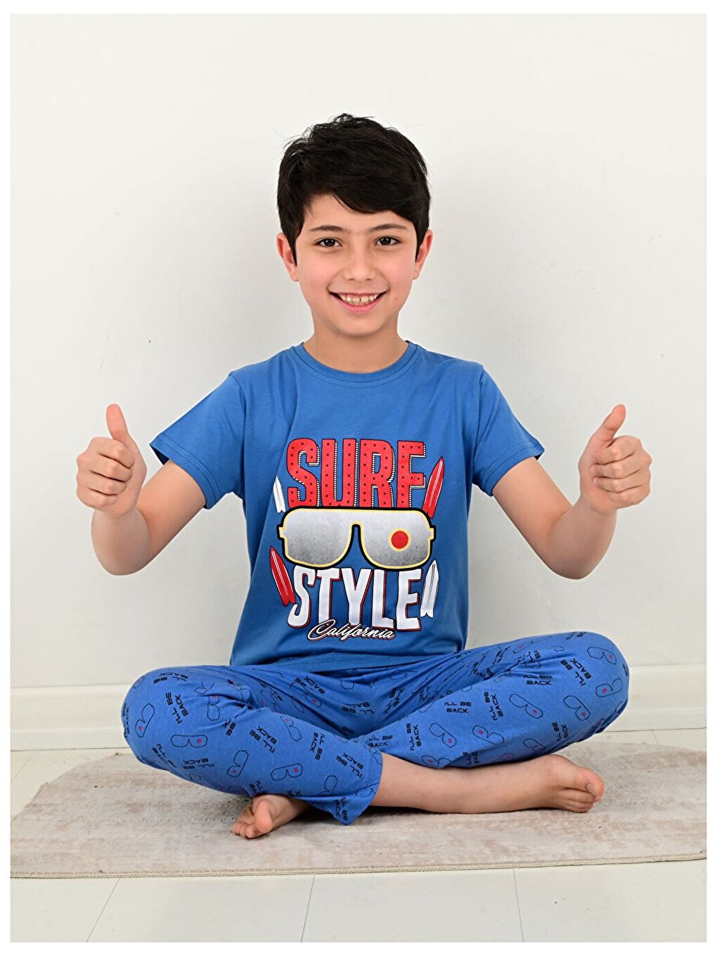 Turkuaz Bisiklet Yaka Baskılı Kısa Kollu Erkek Çocuk Pijama Takımı-1