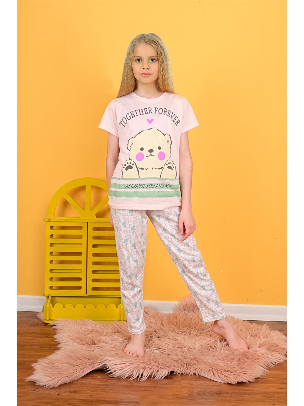 Turuncu Bisiklet Yaka Baskılı Kısa Kollu Kız Çocuk Pijama Takımı