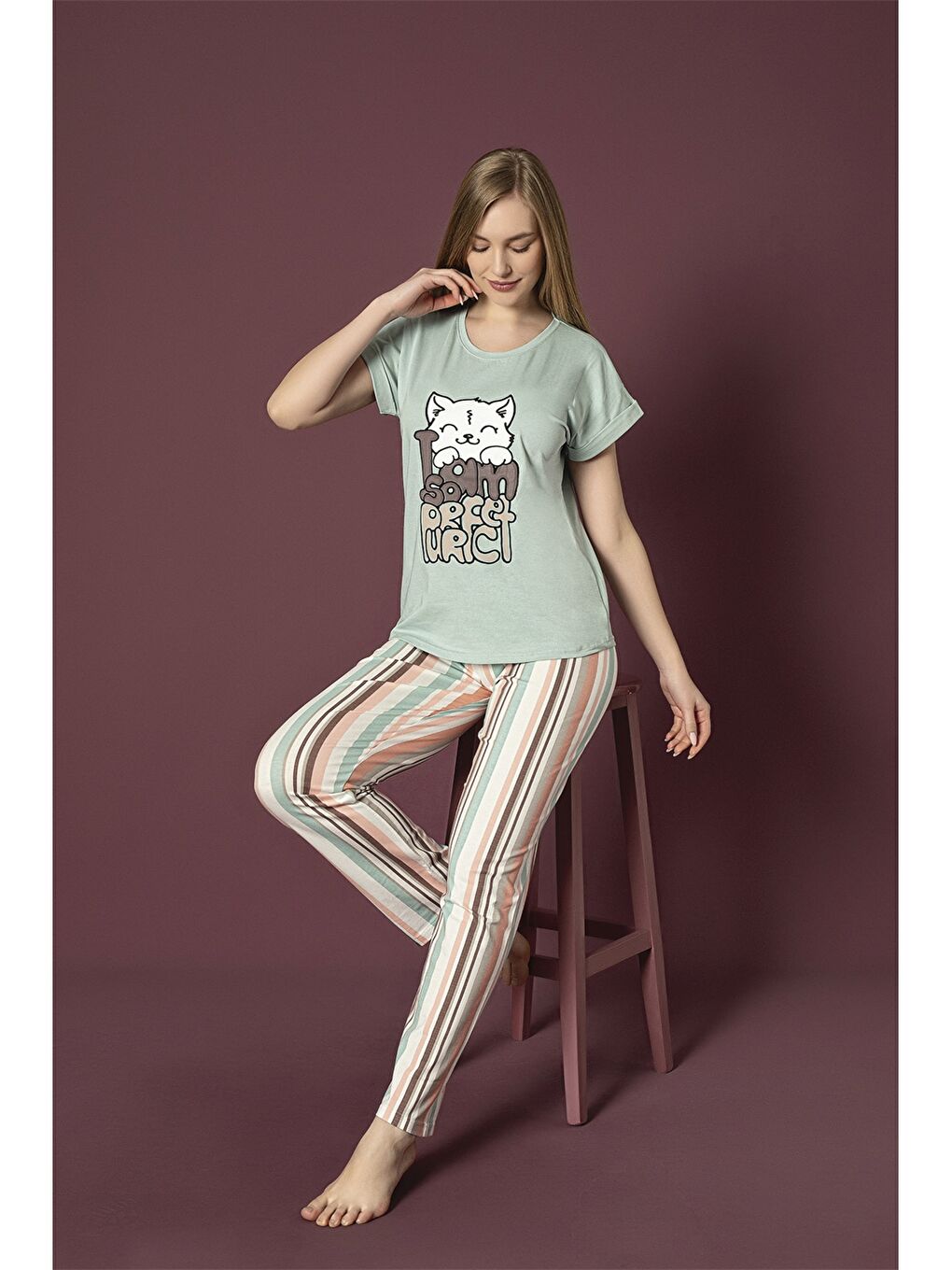 Yeşil Bisiklet Yaka Baskılı Kadın Pijama Takımı