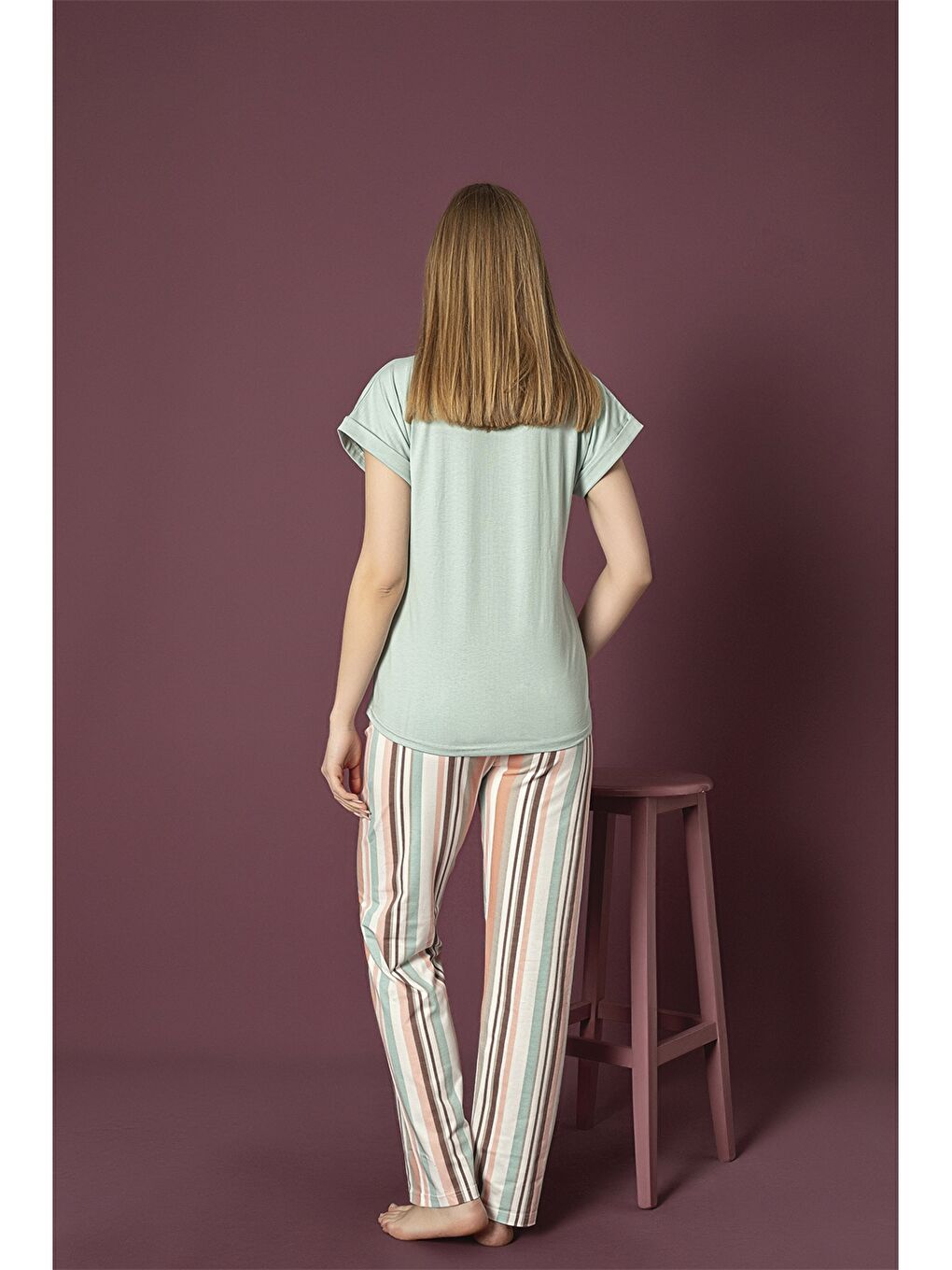 Yeşil Bisiklet Yaka Baskılı Kadın Pijama Takımı-1