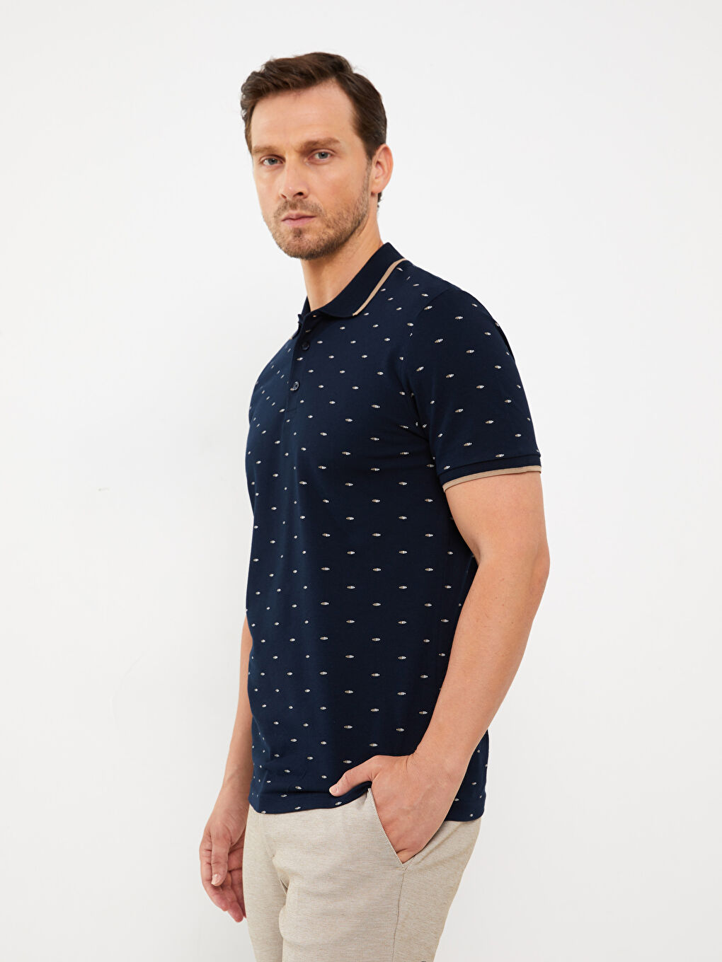 Lacivert Polo Yaka Kısa Kollu Desenli Pike Erkek Tişört
