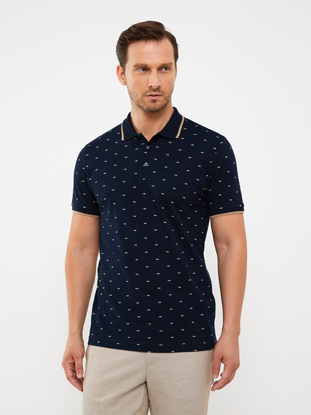 Lacivert Polo Yaka Kısa Kollu Desenli Pike Erkek Tişört-1