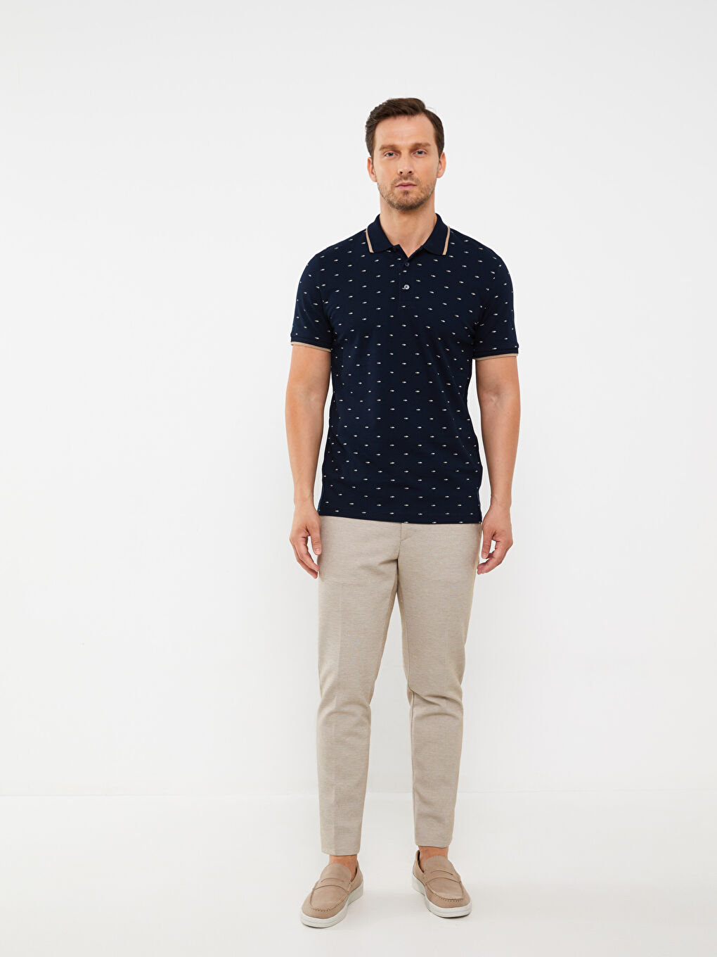 Lacivert Polo Yaka Kısa Kollu Desenli Pike Erkek Tişört-2