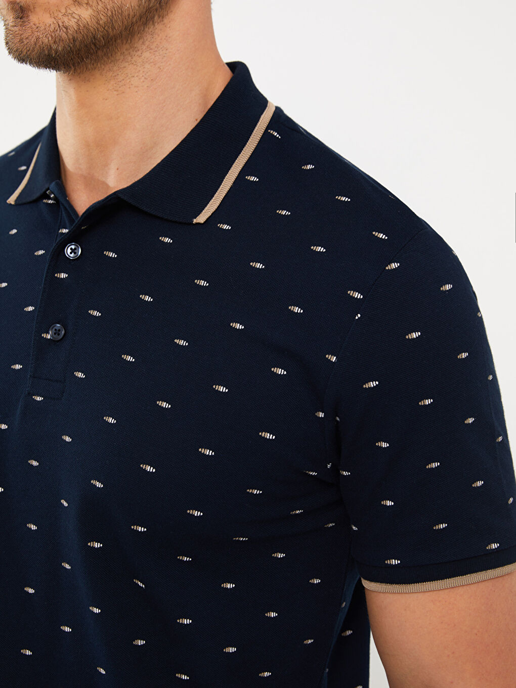 Lacivert Polo Yaka Kısa Kollu Desenli Pike Erkek Tişört-3