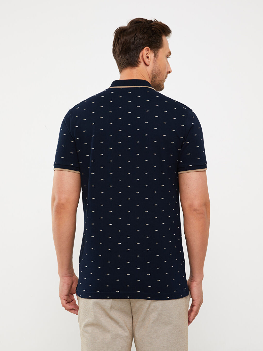 Lacivert Polo Yaka Kısa Kollu Desenli Pike Erkek Tişört-4