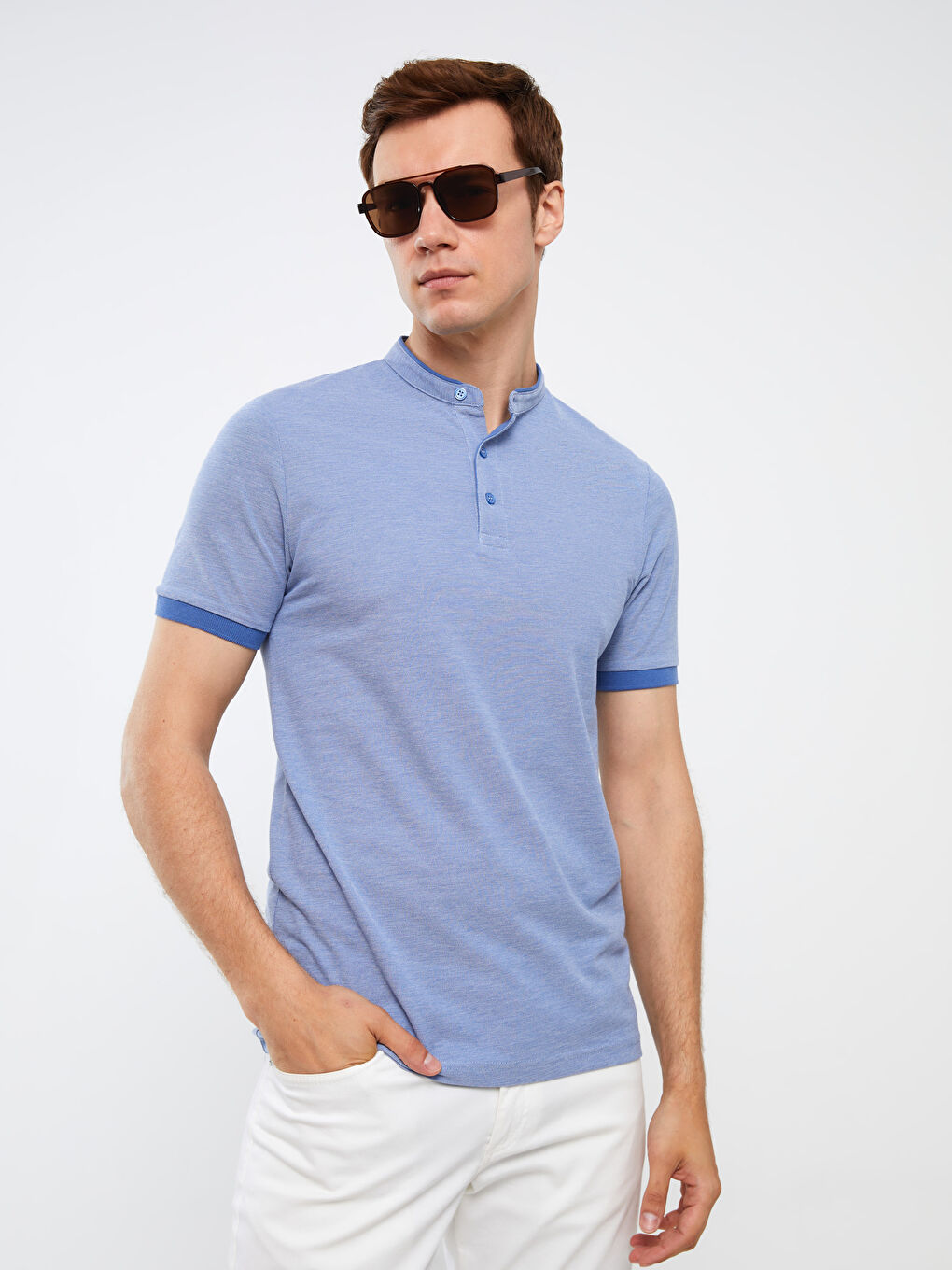 Mavi Hakim Yaka Kısa Kolu Pike Tişört