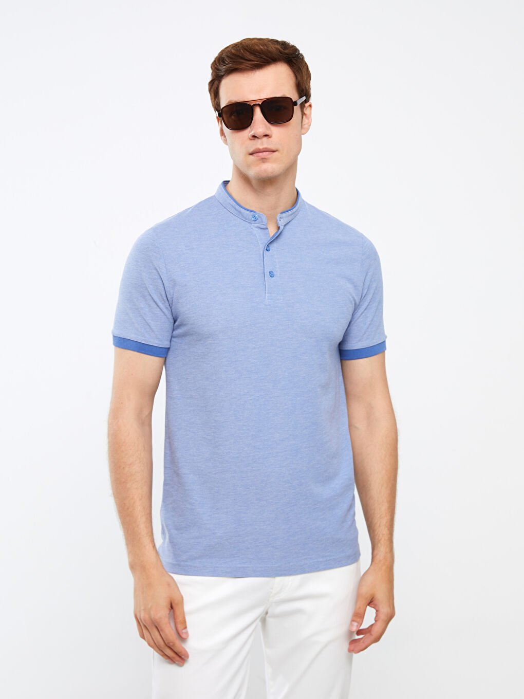 Mavi Hakim Yaka Kısa Kolu Pike Tişört-1