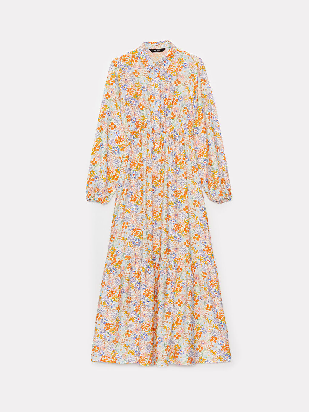 Ekru Gömlek Yaka Çiçekli Uzun Kollu Kadın Elbise-4