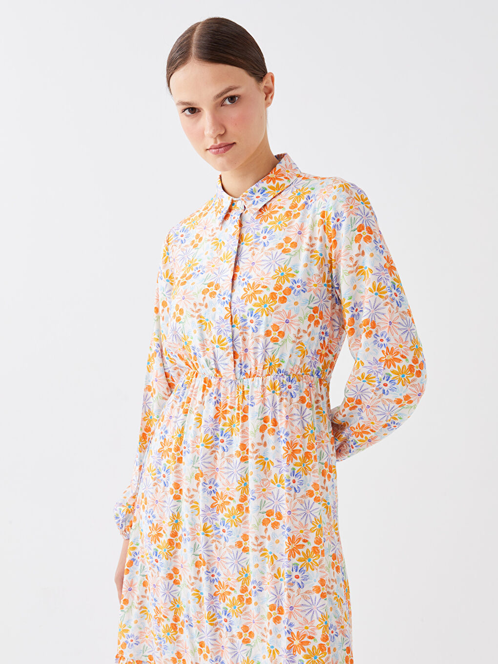 Ekru Gömlek Yaka Çiçekli Uzun Kollu Kadın Elbise-1