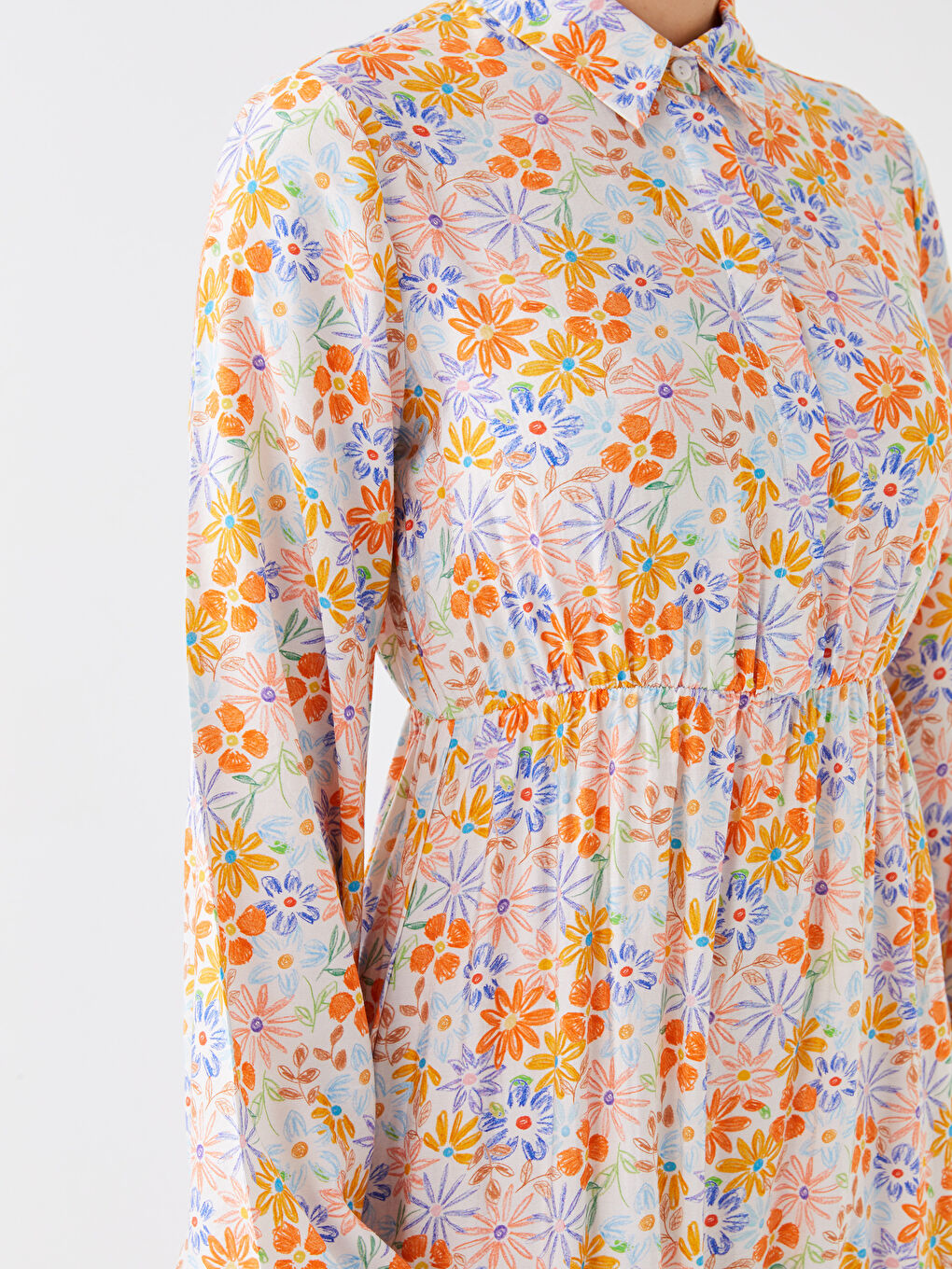 Ekru Gömlek Yaka Çiçekli Uzun Kollu Kadın Elbise-2