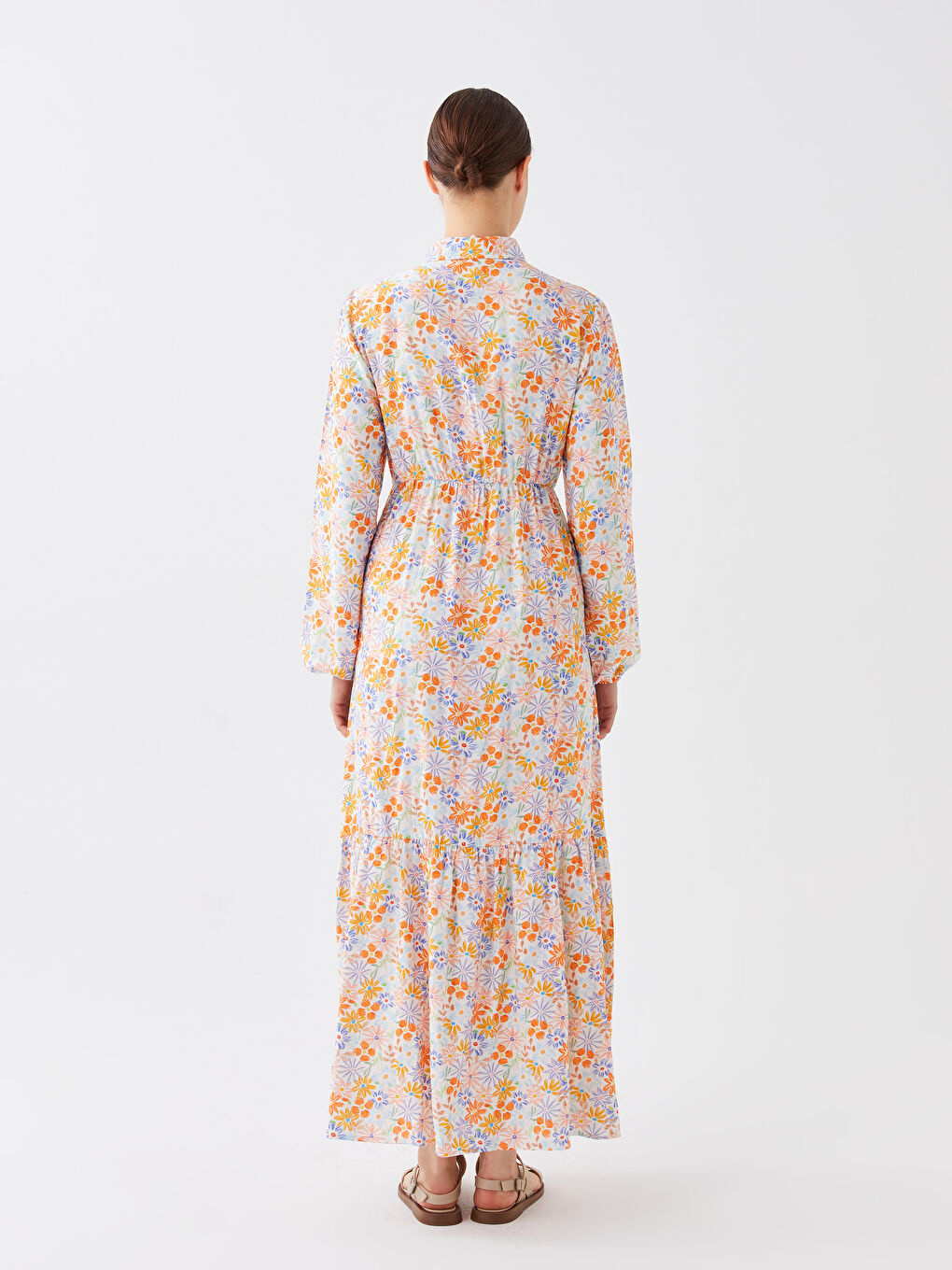 Ekru Gömlek Yaka Çiçekli Uzun Kollu Kadın Elbise-3