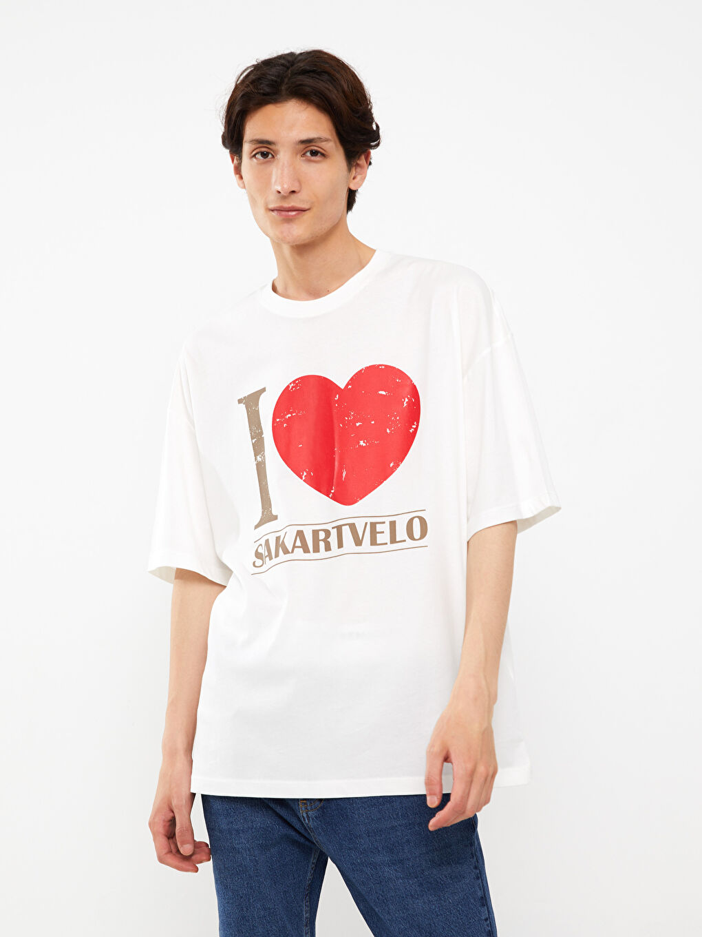 Ekru Bisiklet Yaka Kısa Kollu Baskılı Penye Erkek Tişört