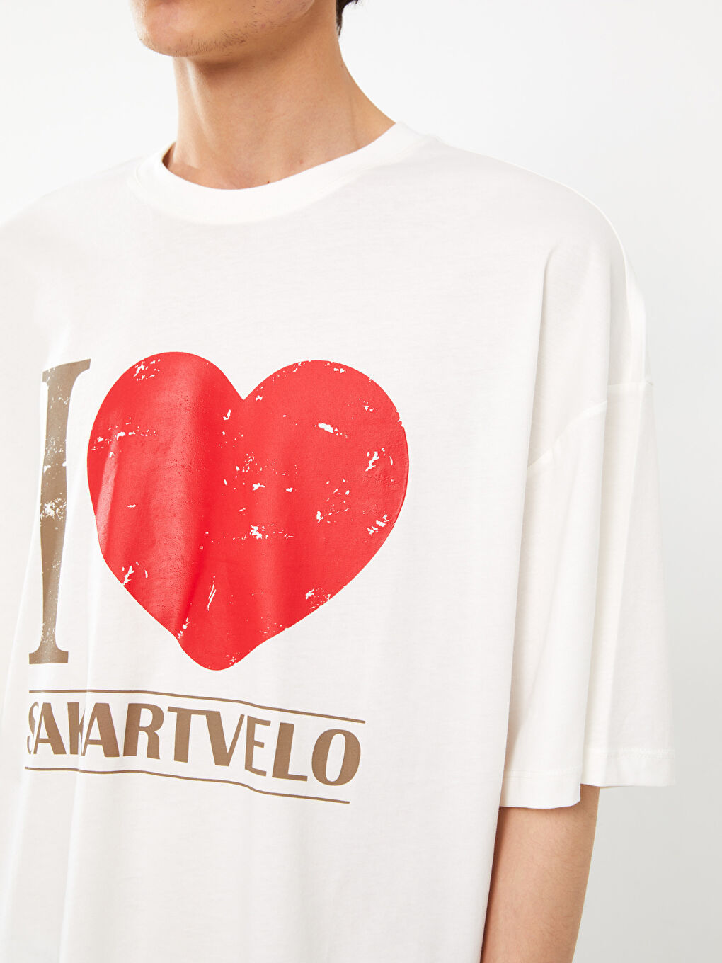 Ekru Bisiklet Yaka Kısa Kollu Baskılı Penye Erkek Tişört-3