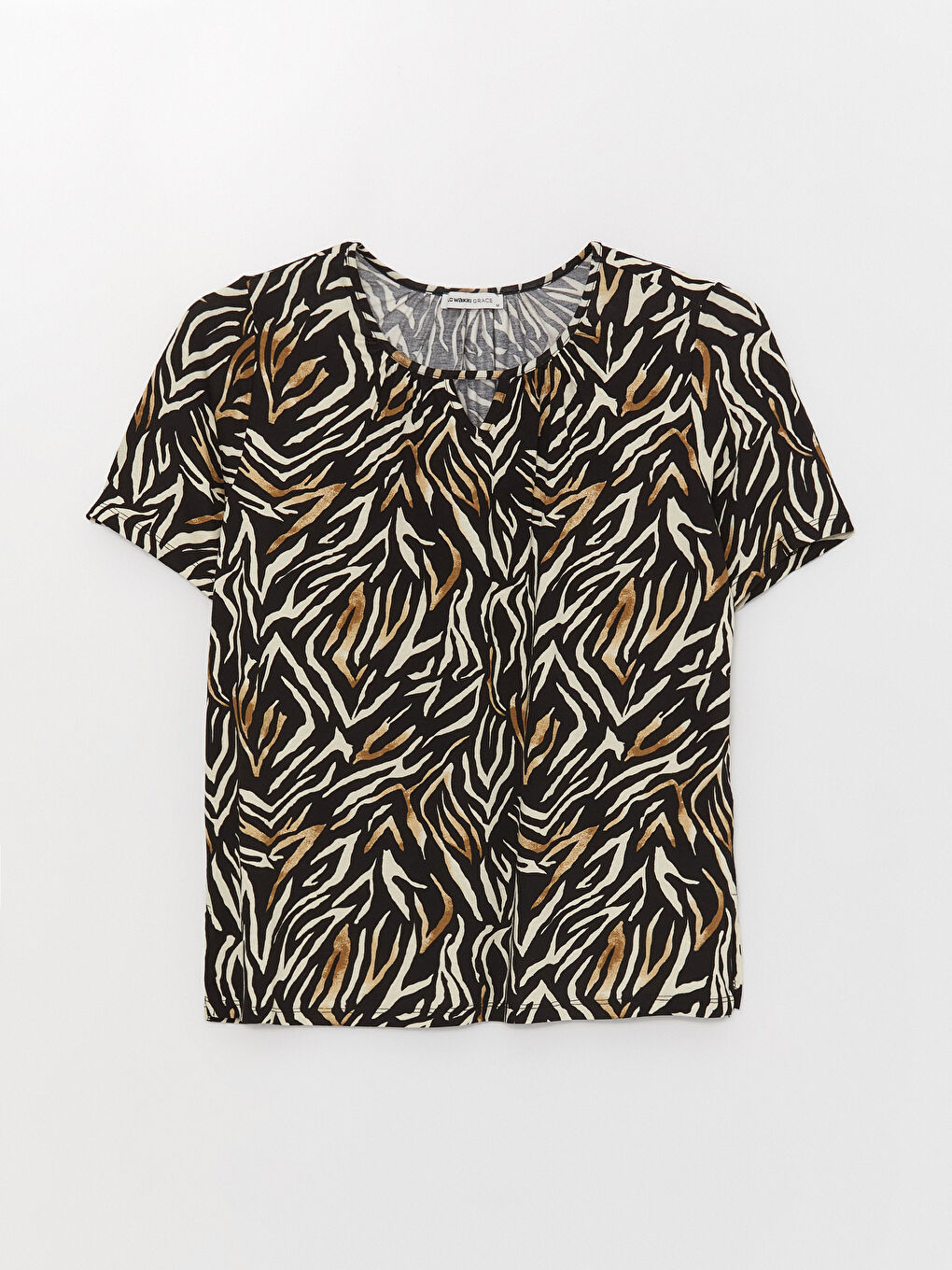 Siyah Bisiklet Yaka Desenli Kısa Kollu Kadın Bluz-5