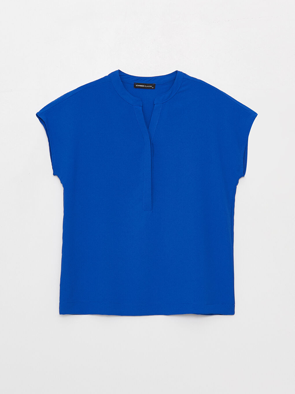 Mavi Kaçık Yaka Düz Kısa Kollu Kadın Bluz-5