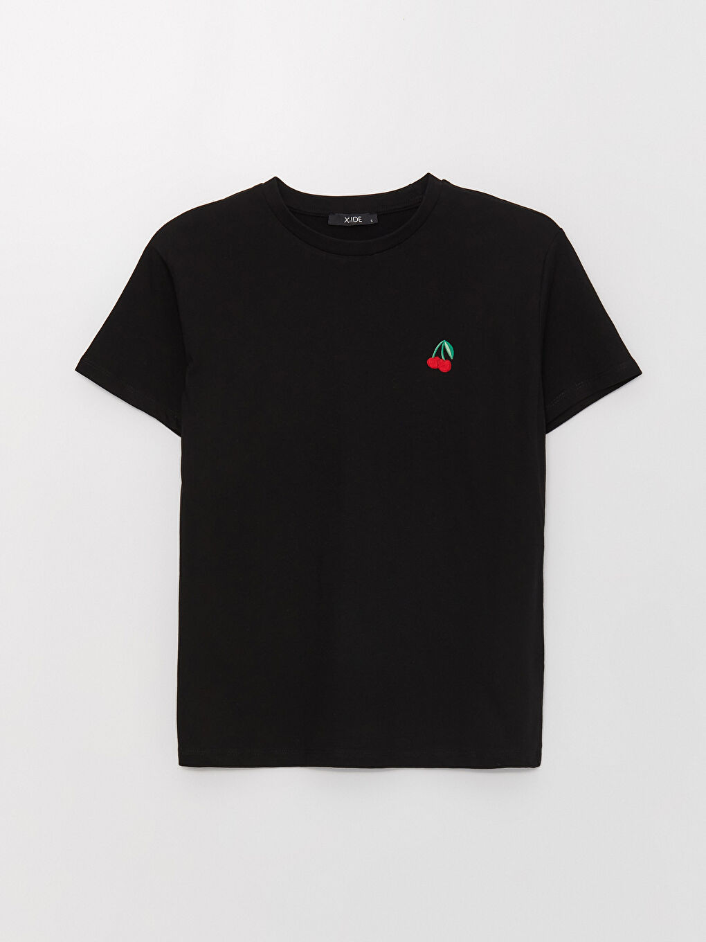 Siyah Bisiklet Yaka Nakışlı Kısa Kollu Kadın Tişört-5