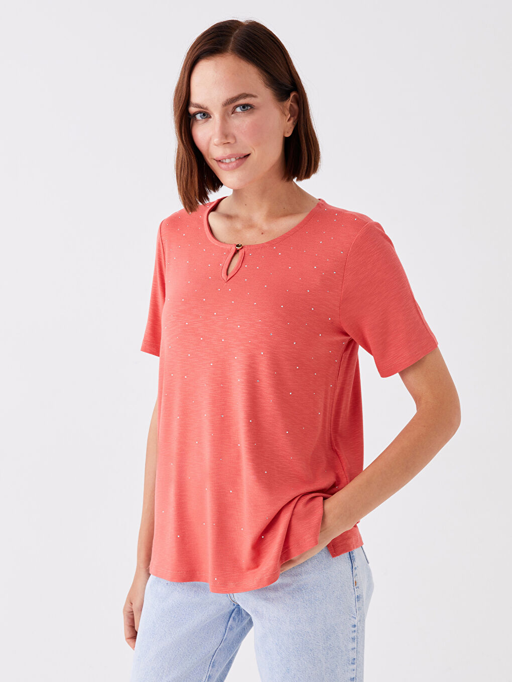 Kırmızı Bisiklet Yaka Baskılı Kısa Kollu Kadın Bluz