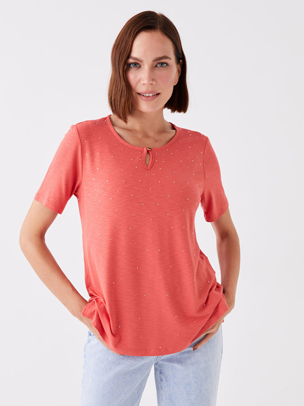 Kırmızı Bisiklet Yaka Baskılı Kısa Kollu Kadın Bluz-1