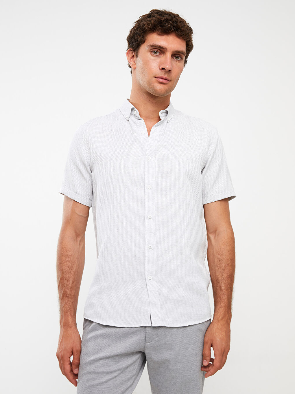 Gri Slim Fit Kısa Kollu Erkek Gömlek