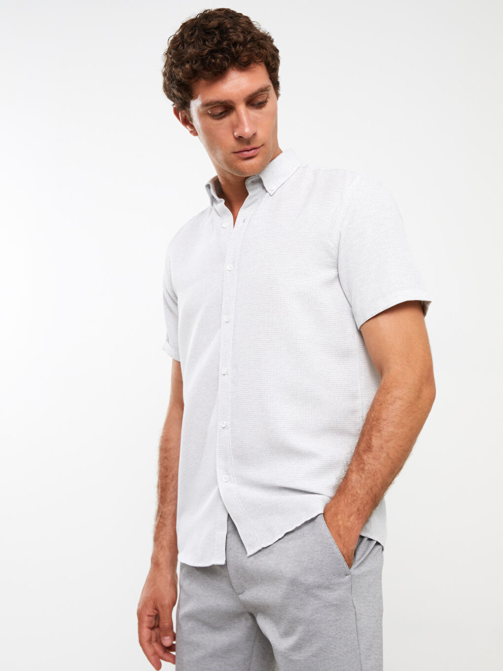 Gri Slim Fit Kısa Kollu Erkek Gömlek-1