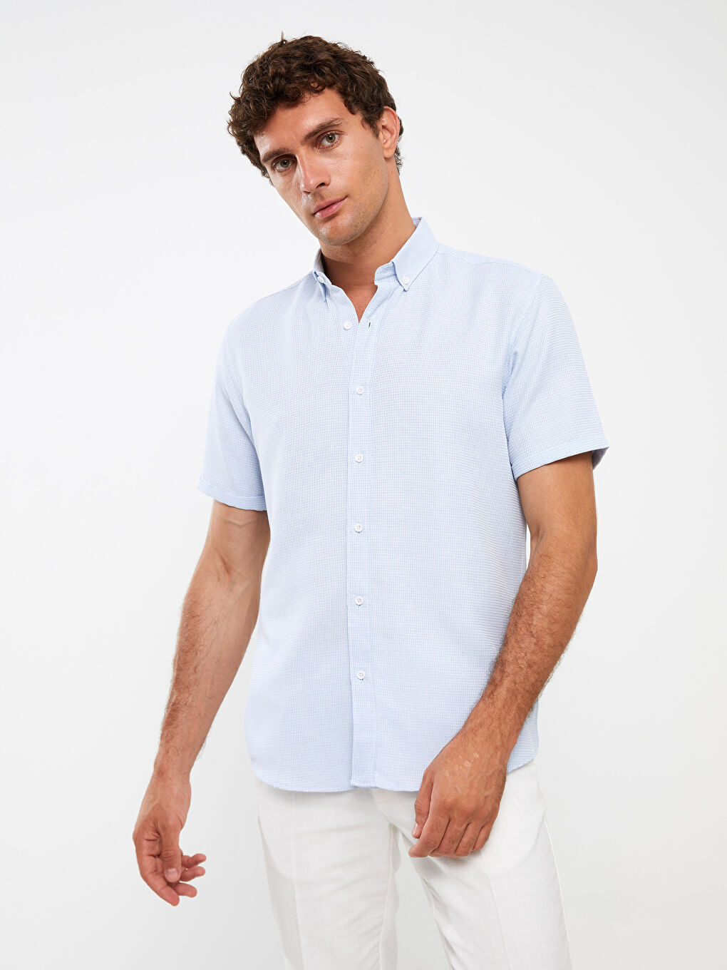 Mavi Slim Fit Kısa Kollu Erkek Gömlek-1