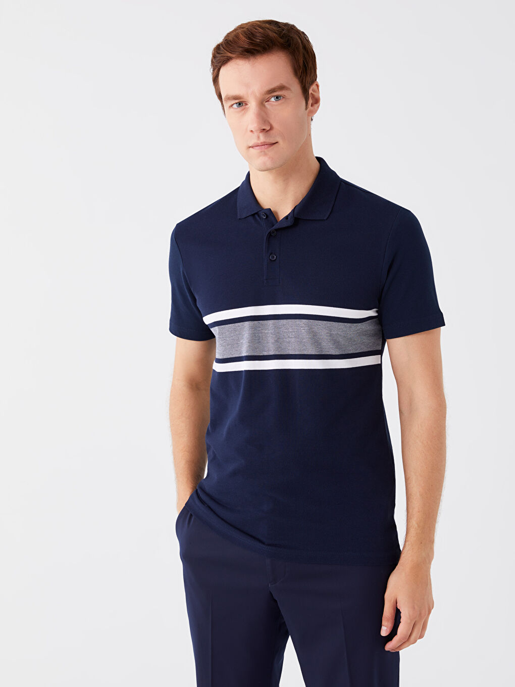 Lacivert Polo Yaka Kısa Kollu Renk Bloklu Erkek Tişört