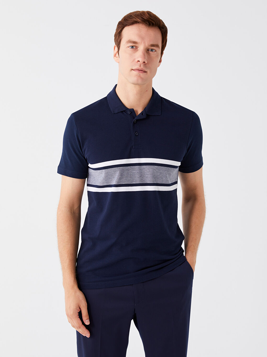 Lacivert Polo Yaka Kısa Kollu Renk Bloklu Erkek Tişört-1