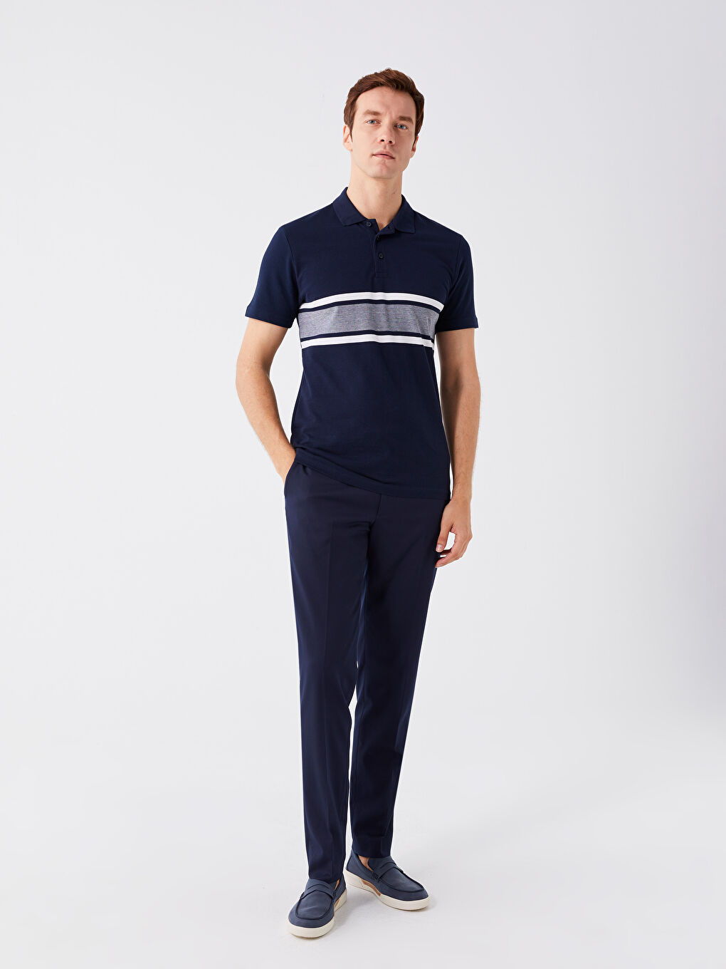 Lacivert Polo Yaka Kısa Kollu Renk Bloklu Erkek Tişört-2