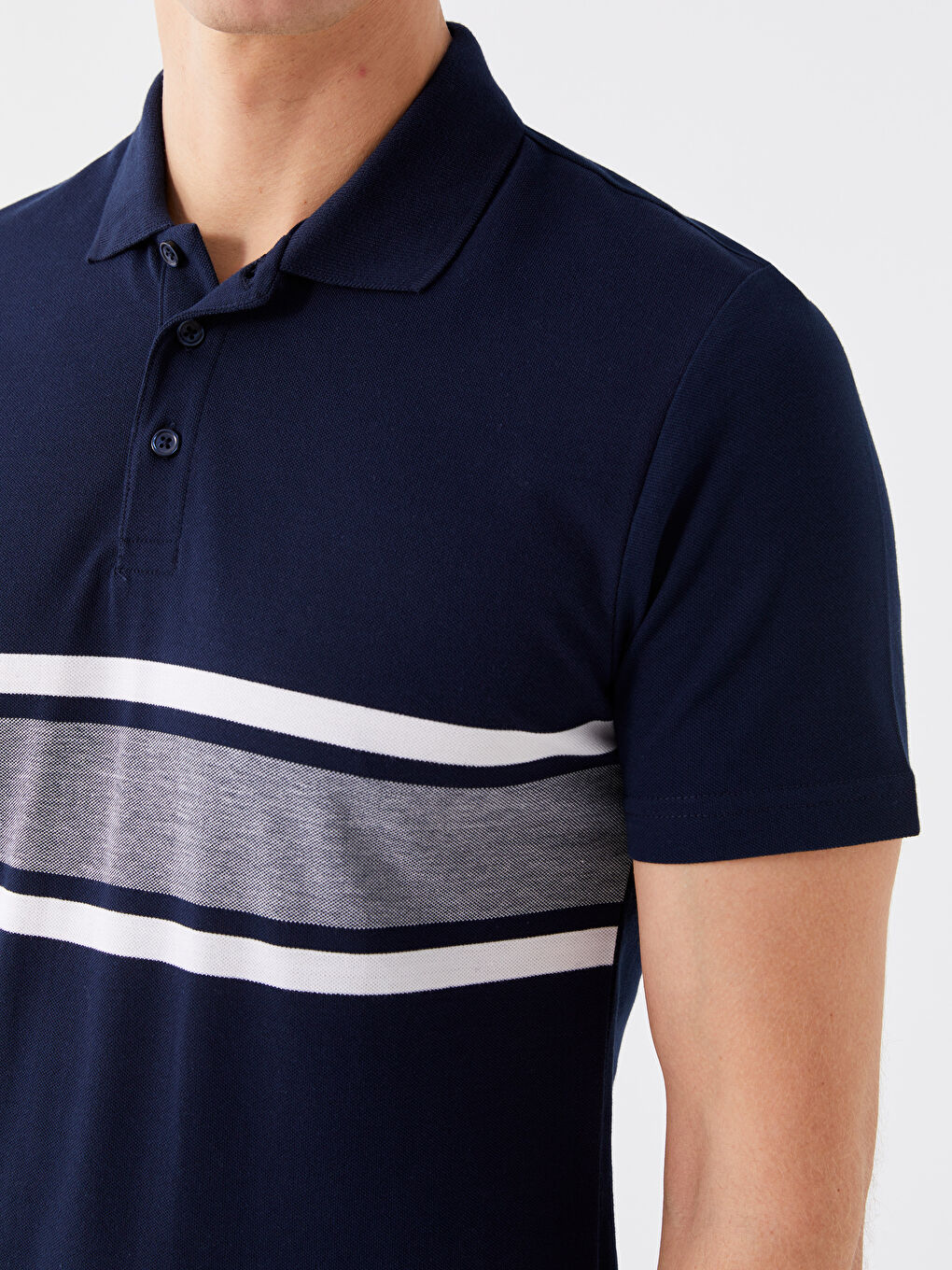 Lacivert Polo Yaka Kısa Kollu Renk Bloklu Erkek Tişört-3