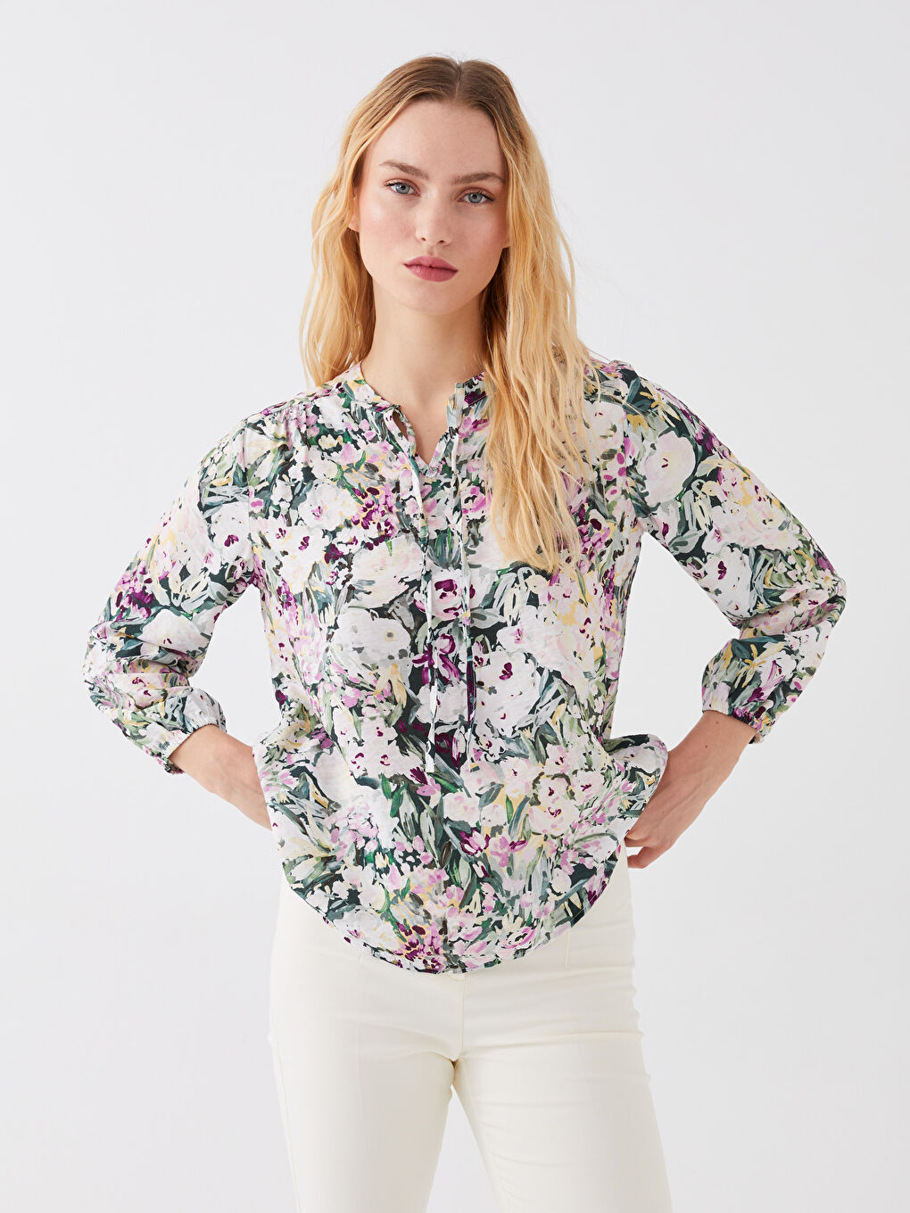 Tie Neck Floral Long Sleeve Women's Blouse