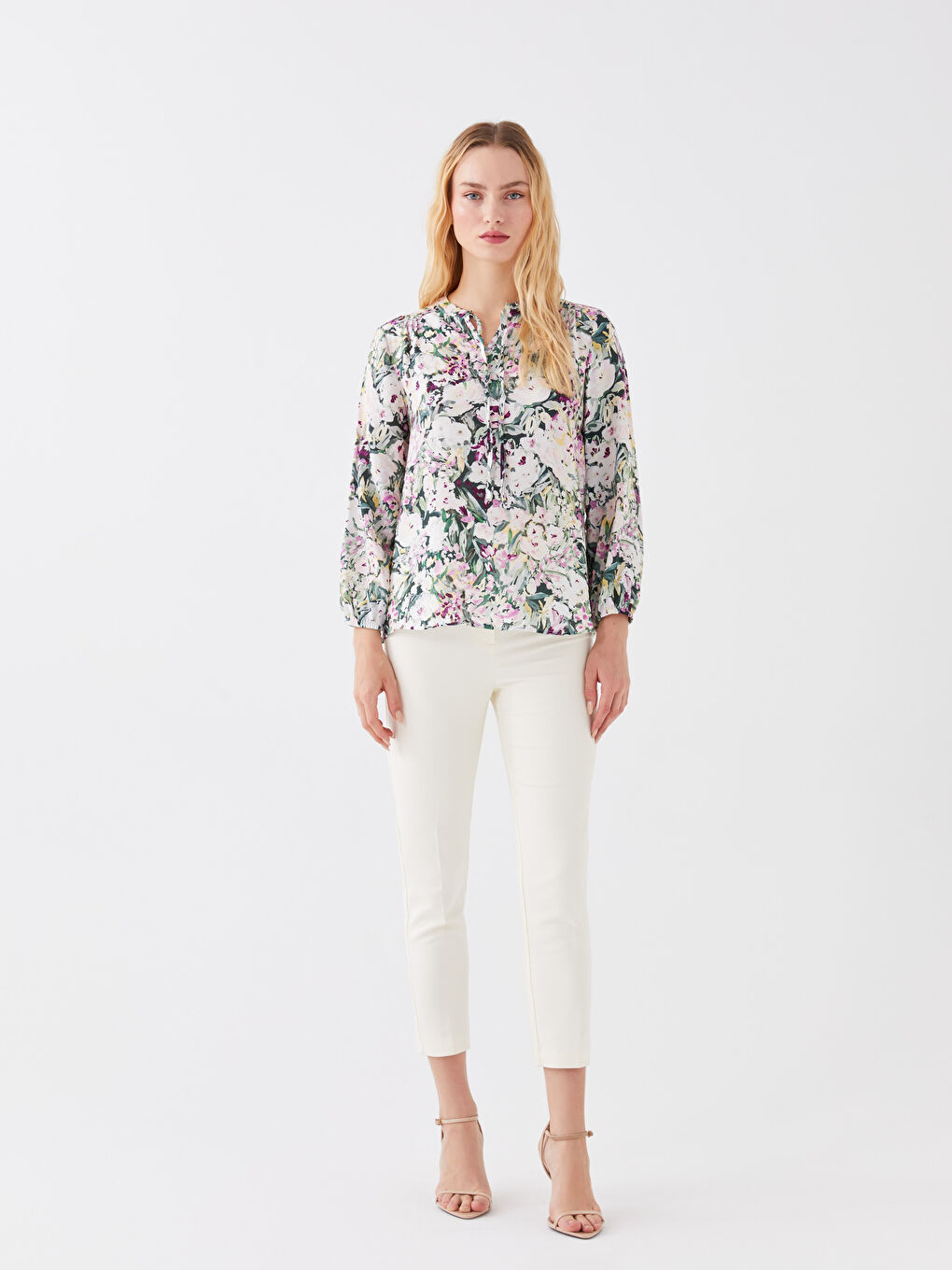 Tie Neck Floral Long Sleeve Women's Blouse-1