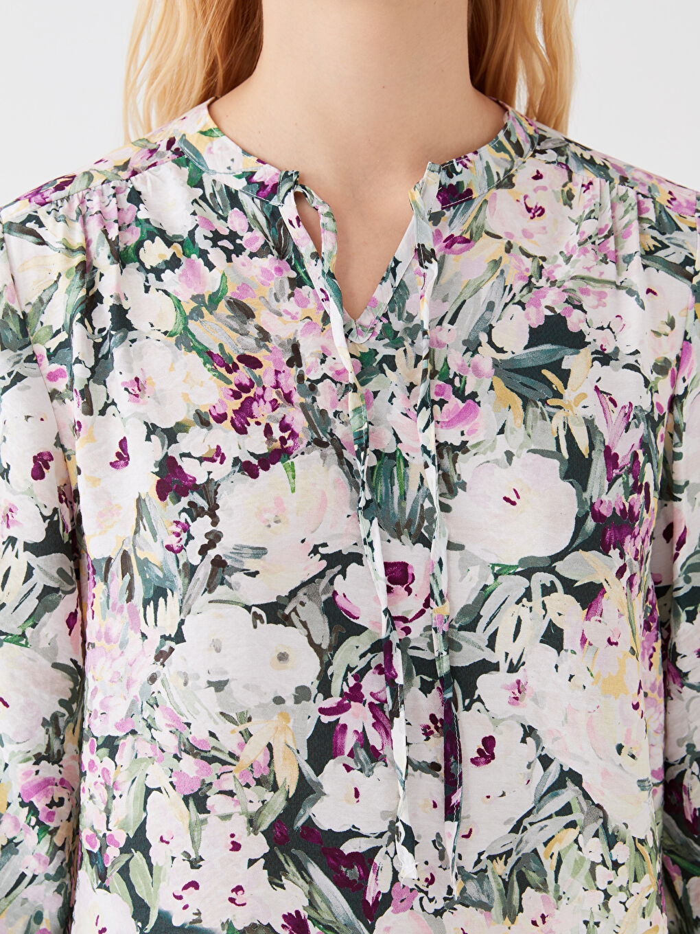 Tie Neck Floral Long Sleeve Women's Blouse-3