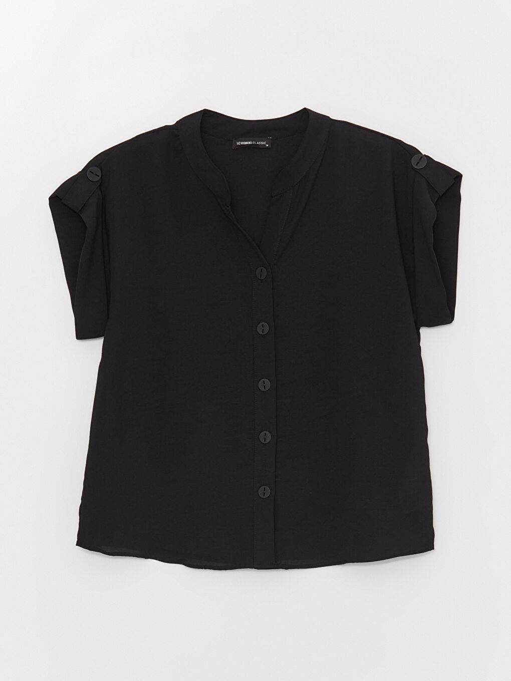 Siyah Kaçık Yaka Düz Kısa Kollu Kadın Gömlek-5