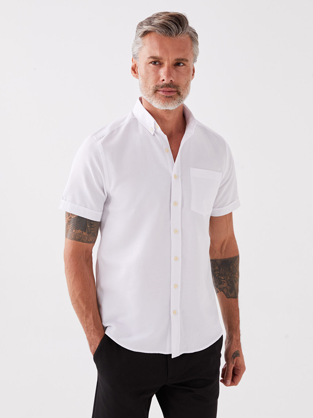 Beyaz Regular Fit Kısa Kollu Erkek Gömlek-1
