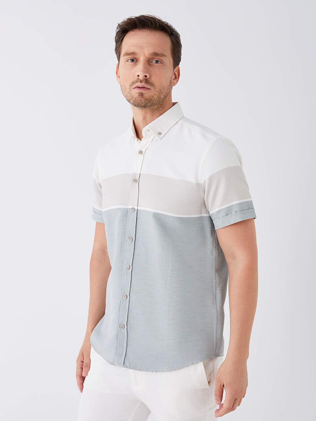 Yeşil Regular Fit Kısa Kollu Renk Bloklu Erkek Gömlek