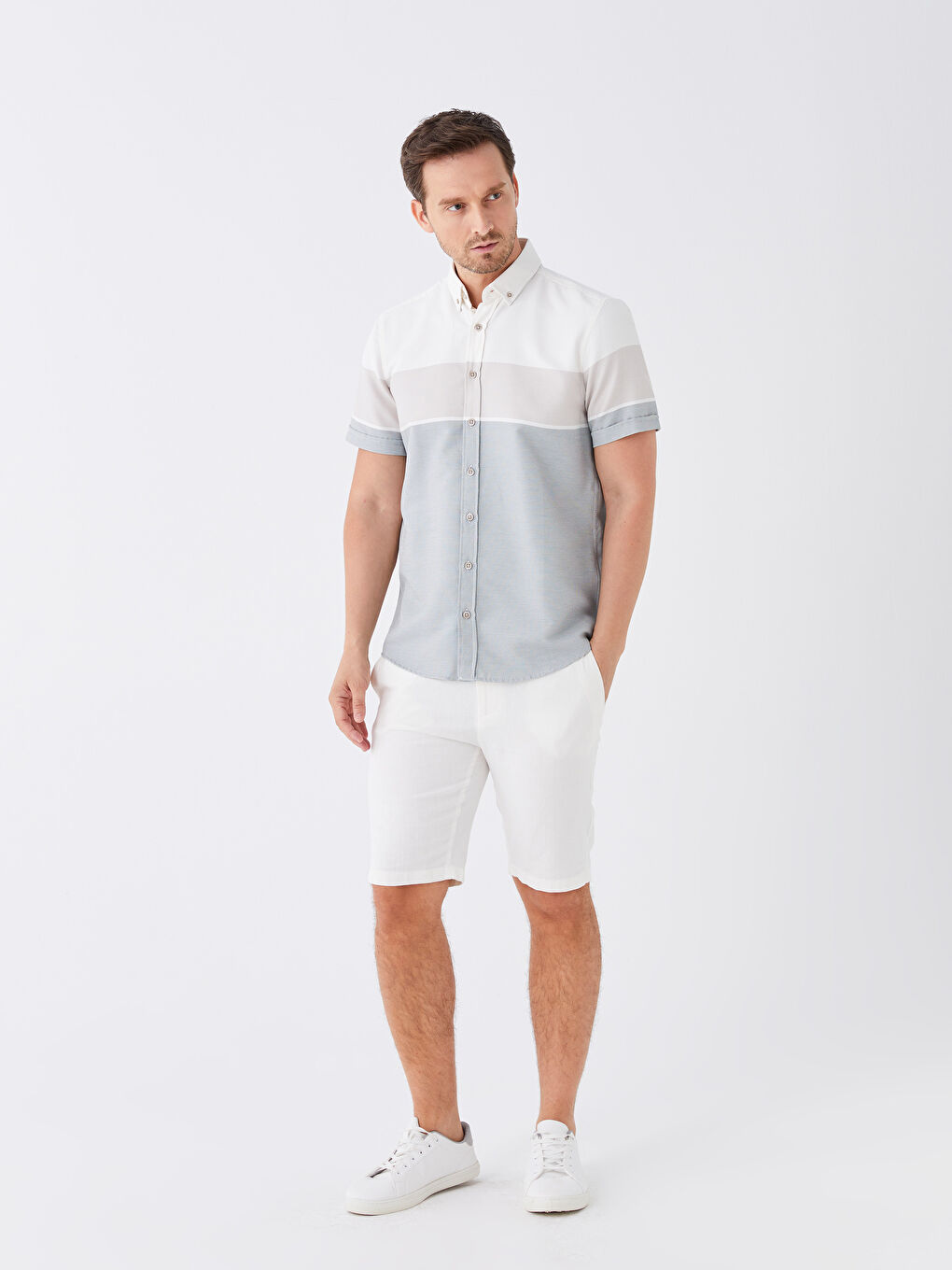 Yeşil Regular Fit Kısa Kollu Renk Bloklu Erkek Gömlek-2