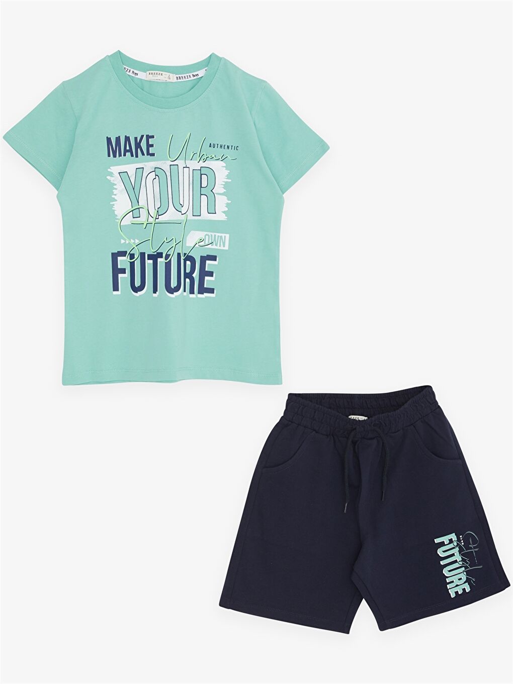 Turkuaz Bisiklet Yaka Baskılı Kısa Kollu Erkek Çocuk Tişört ve Şort