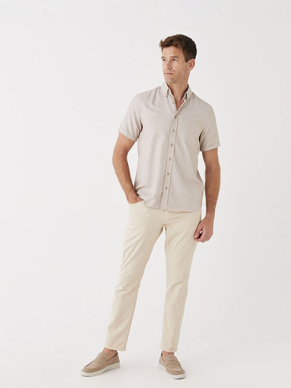 Bej Regular Fit Kısa Kollu Erkek Gömlek-1