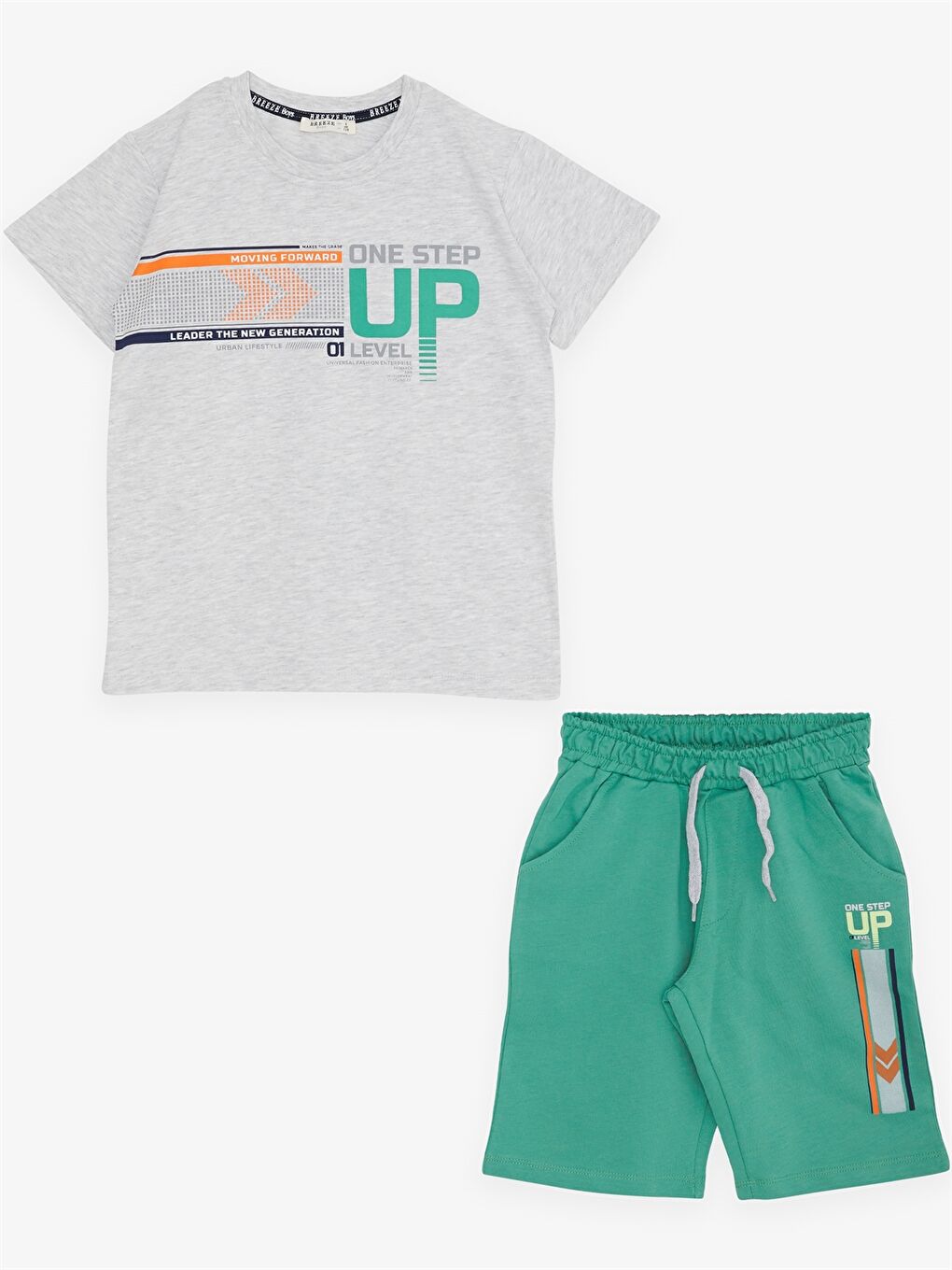 Gri Bisiklet Yaka Baskılı Kısa Kollu Erkek Çocuk Tişört ve Şort