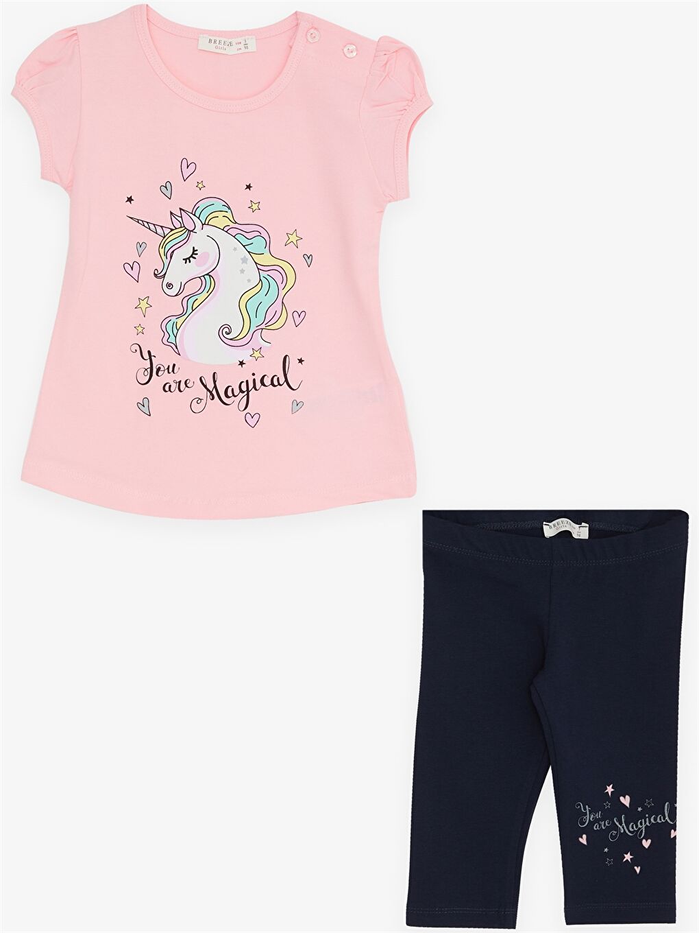 Pembe Bisiklet Yaka Kısa Kollu Baskılı Kız Bebek Tişört ve Tayt 2'li Takım