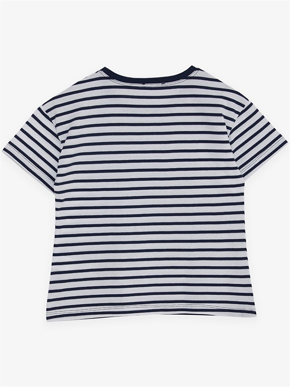 Lacivert Bisiklet Yaka Çizgili Kısa Kollu Kız Çocuk Tişört-1