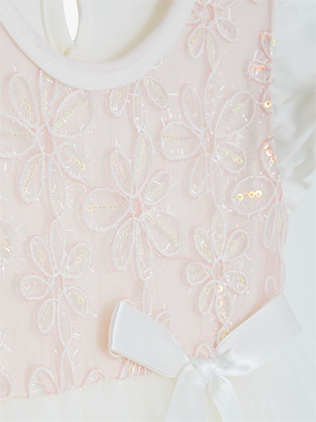 Beyaz Bisiklet Yaka Nakışlı Kız Çocuk Elbise-2